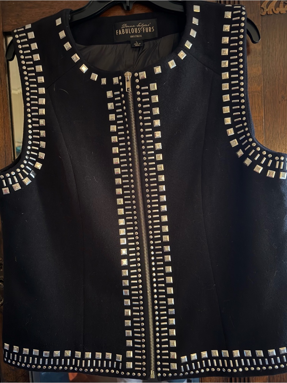 Fabulous Furs Black Sleeveless Zip Vest with Silver Studs Size L